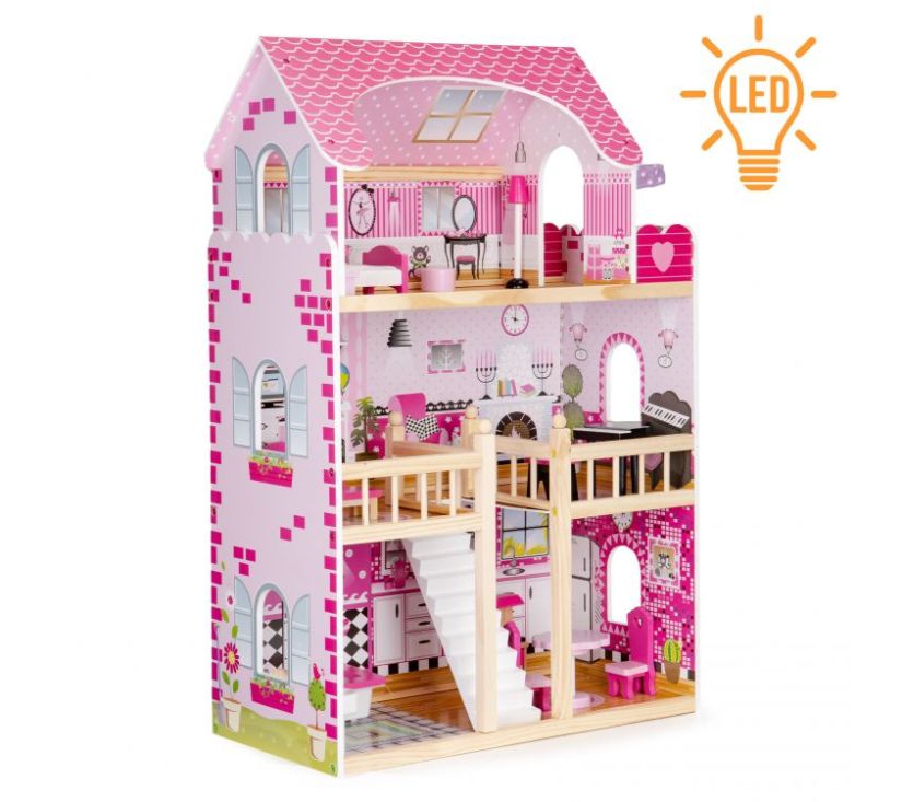 Drvena kućica za lutke, LED, namještaj