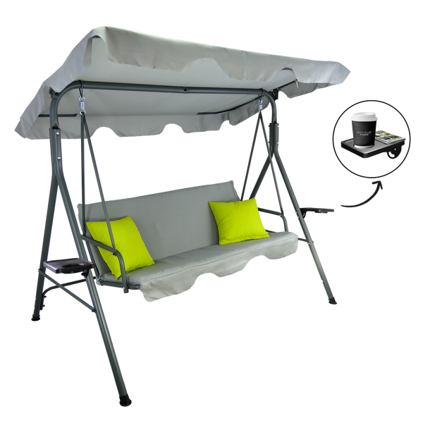 Vrtna ljuljačka 165 × 113 × 150–198 cm – siva s jastucima boje lime i držačima za čaše