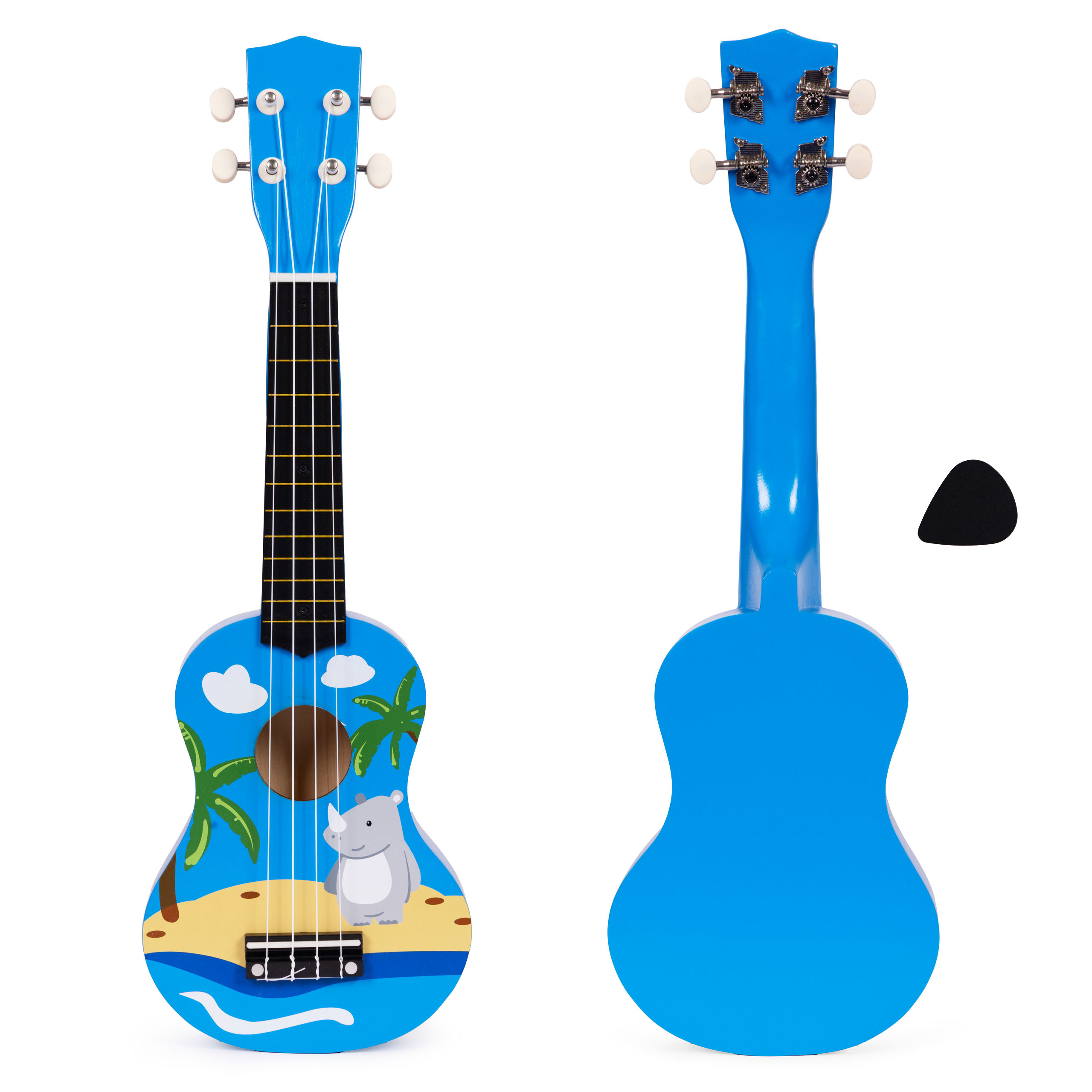 ECOTOYS drvena ukulele za djecu, plava – 4 najlonske žice i trzalica