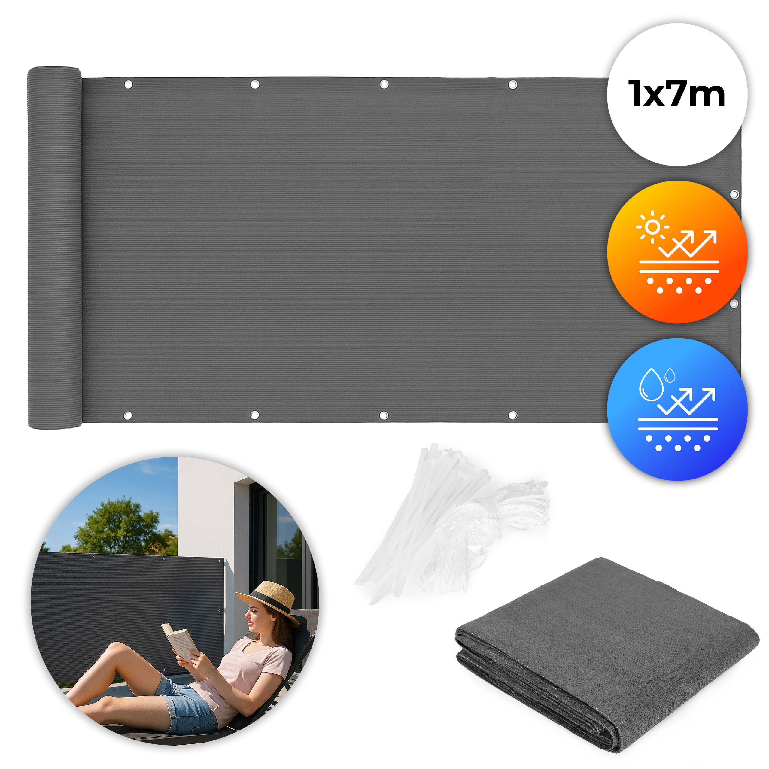 MultiGarden zaslon za privatnost za balkon 100x700 cm – sjenilo s priborom za montažu, sivi