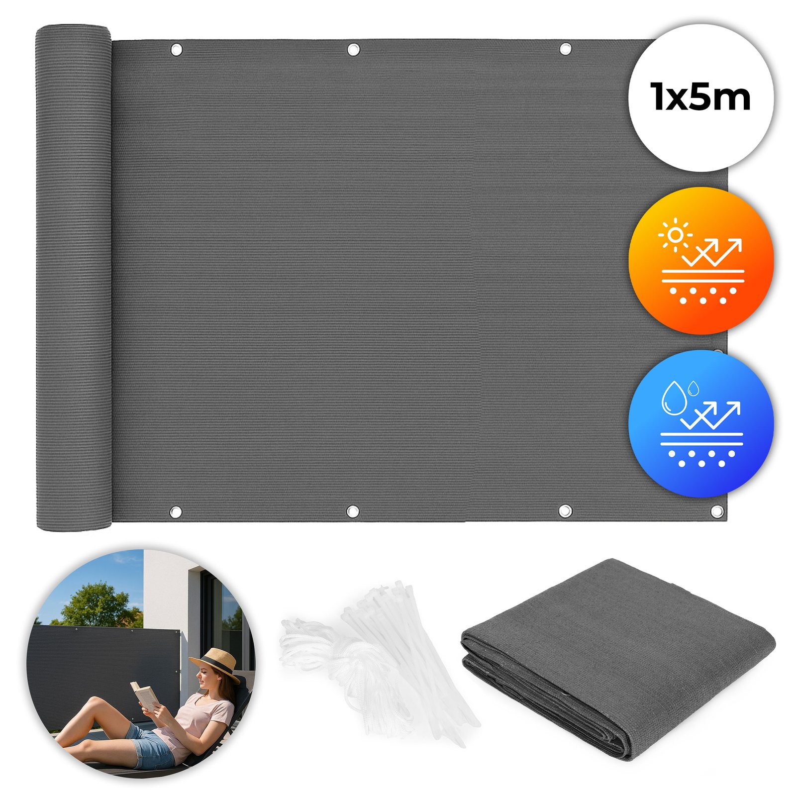 MultiGarden zaslon za privatnost za balkon 100x500 cm – sjenilo s priborom za montažu, sivi