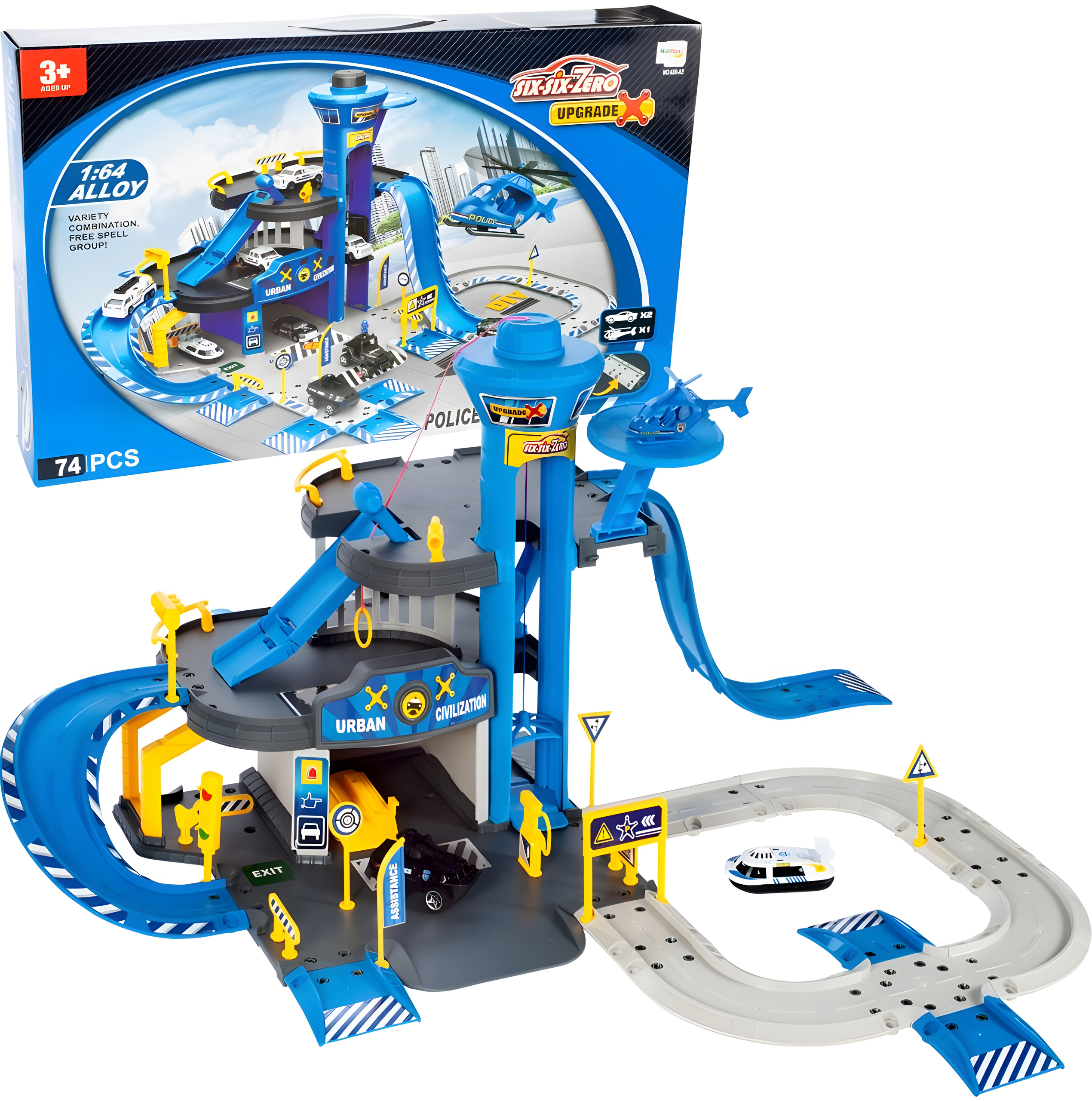 Policijska postaja s garažom za automobile, 3 kata s dizalom, automobili + helikopter, 74 dijela