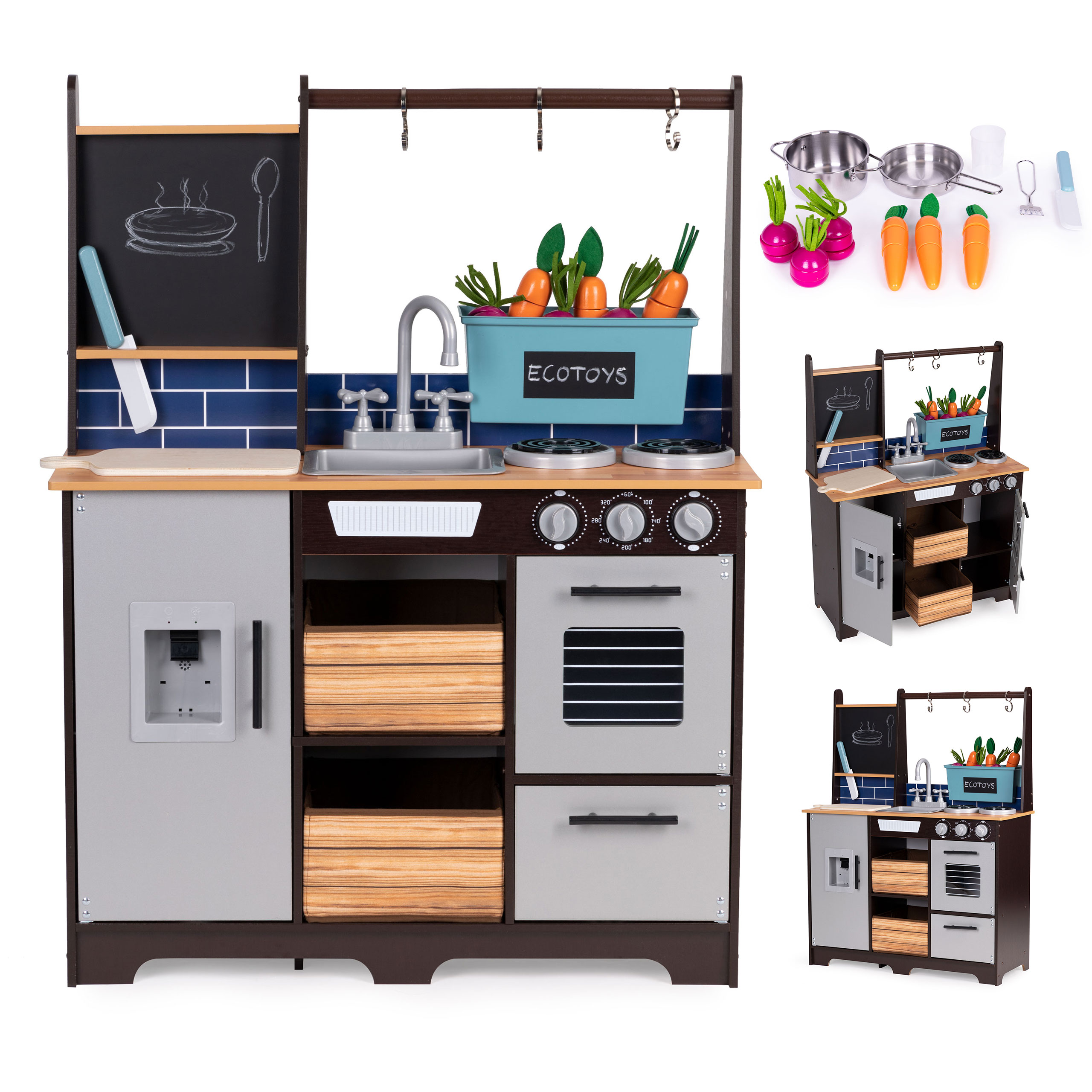 ECOTOYS velika drvena dječja kuhinja za igru sa štandom za povrće i dodacima