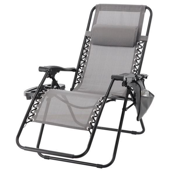 Sklopiva vrtna sunčana ležaljka s postoljem, džepom i naslonom za glavu – siva