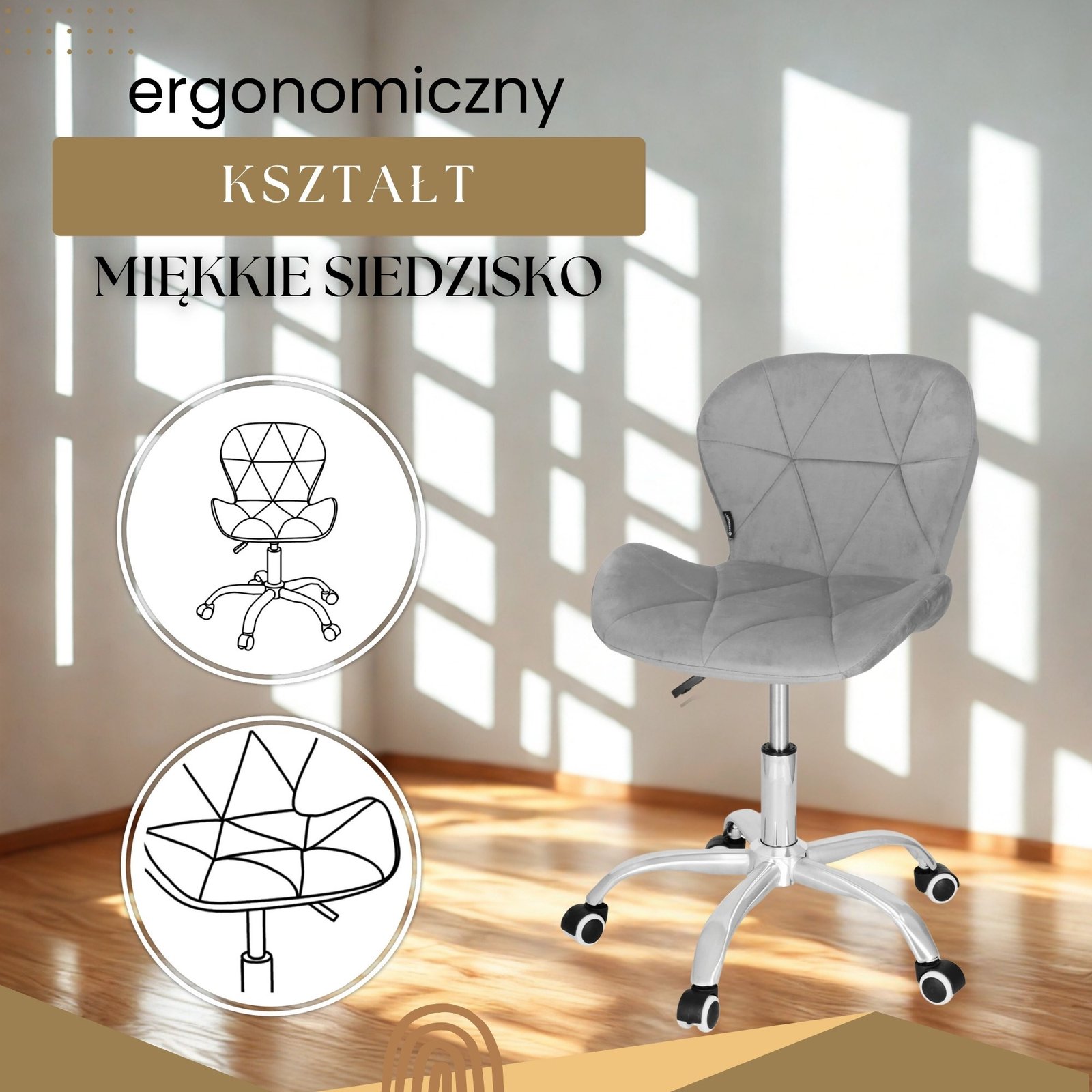 Uredska baršunasta stolica tamno siva, krom, crni elementi