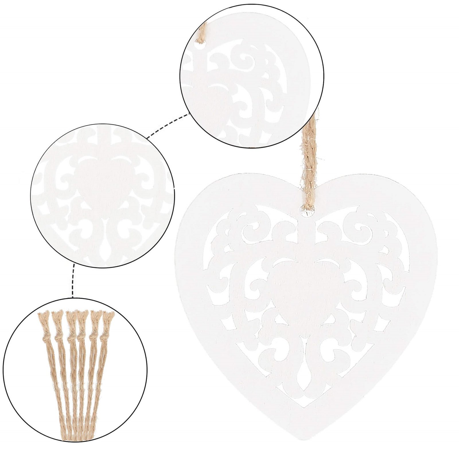 Springos set drvenih ukrasa,srce , 6 komada, mat bijela