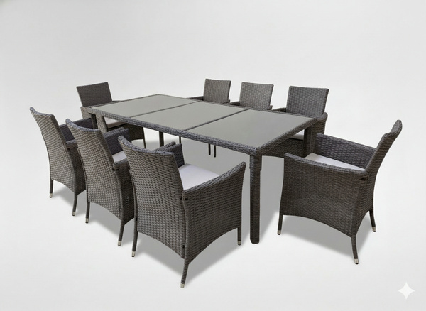 Vrtni set namještaja (8 stolica + veliki stol) – smeđa boja s bež detaljima