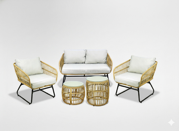 Vrtni set namještaja (sofa + 2 stolice + 2 stolića) – smeđa boja sa sivim jastucima