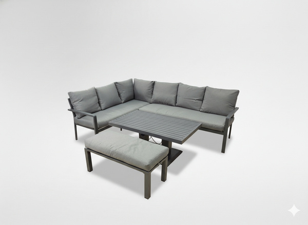 Aluminijski set namještaja (kutna sofa + tabure + stolić) – siva boja sa sivim jastucima