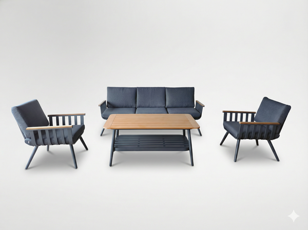 Aluminijski set namještaja (trosjed + 2 fotelje + stol) – siva boja sa sivim jastucima