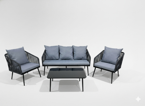 Vrtni set namještaja od pletenog užeta (2 fotelje + sofa + stol) - antracit, jastuci - sivi