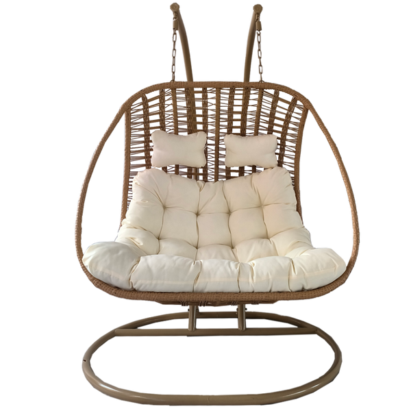 Viseća fotelja Suri za dvije osobe – prirodna boja, krem jastuk, prirodni okvir
