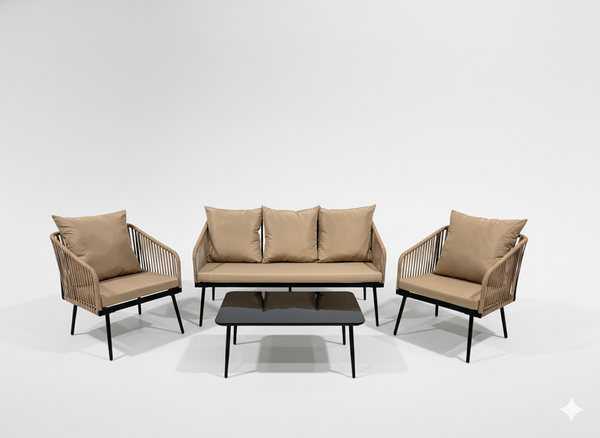 Vrtni set namještaja od pletene užadi (sofa + 2 fotelje + stolić) – bež boja s bež jastucima