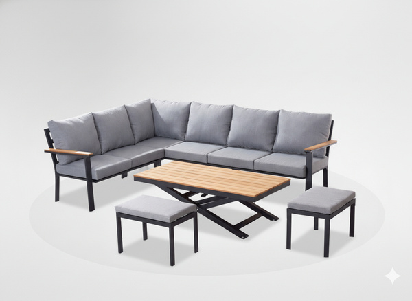 Vrtni set namještaja aluminij/tikovina – kutna sofa, stol i 2 taburea