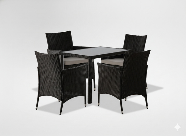 Vrtni set namještaja od ratana – smeđi, bež jastuci, stol 80x80 cm + 4 stolice