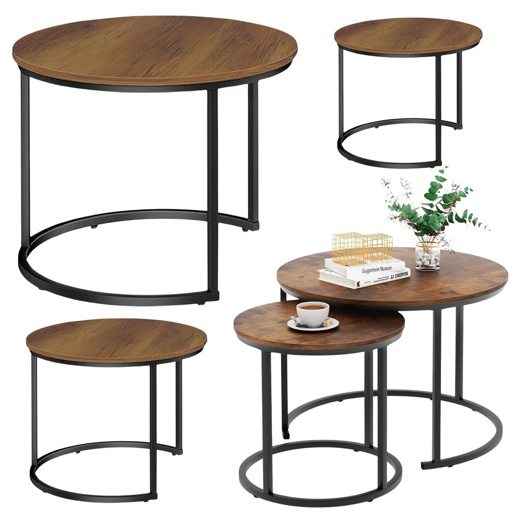 Vintage set od 3 okrugla stolića za kavu – prirodno drvo, 51/40/30 cm