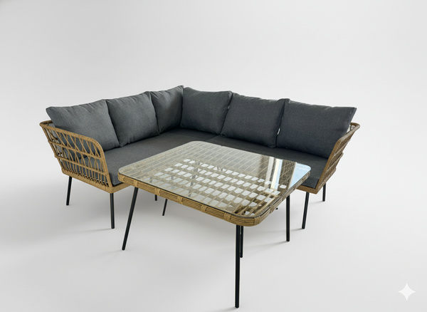 Vrtni set namještaja (kutna sofa + stolić) – smeđa boja sa sivim jastucima