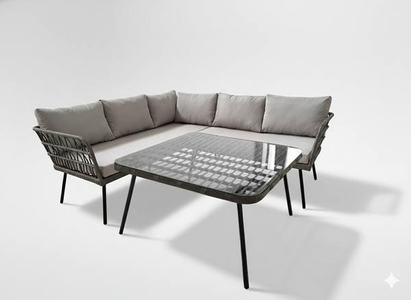 Vrtni set namještaja (kutna sofa + stolić) – siva boja sa sivim jastucima