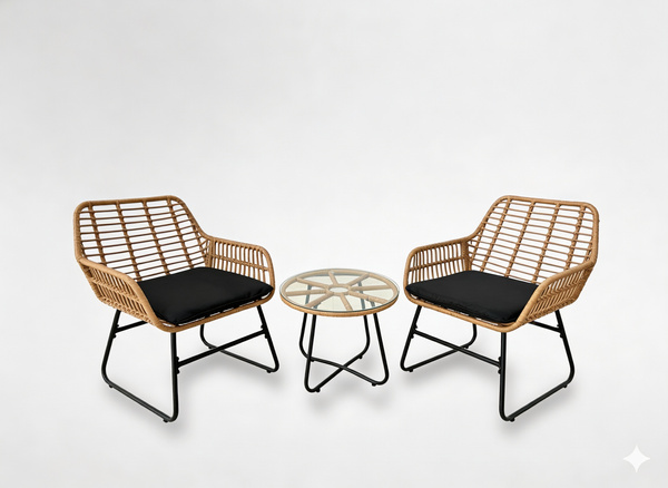 Vrtni set namještaja (2 stolice + stolić) – smeđa boja s crnim jastucima