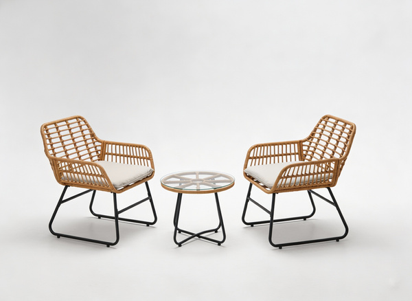 Vrtni set namještaja (2 stolice + stolić) – smeđa boja sa sivim jastucima