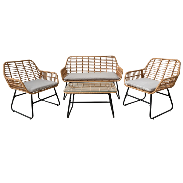 Vrtni set namještaja (sofa + 2 stolice + stolić) – smeđa boja sa sivim jastucima