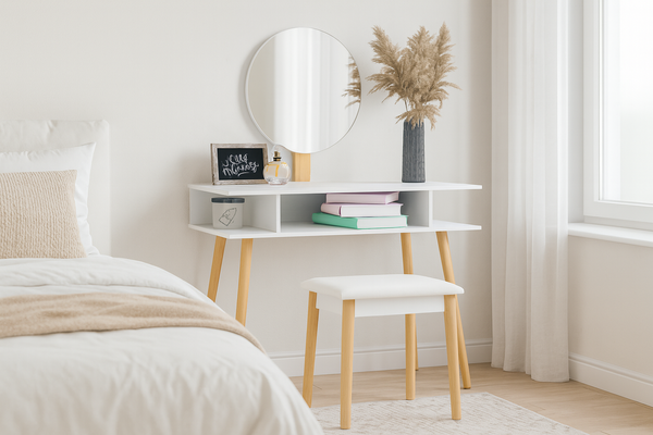 Retro bijeli toaletni stolić za šminkanje s okruglim ogledalom + tabure