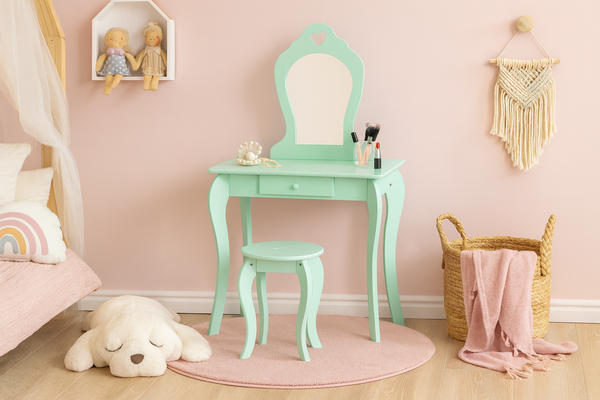 Kozmetički toaletni stol u mint boji s ogledalom + tabure