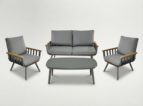 Aluminijski set namještaja (sofa + 2 fotelje + stol) – siva boja sa sivim jastucima