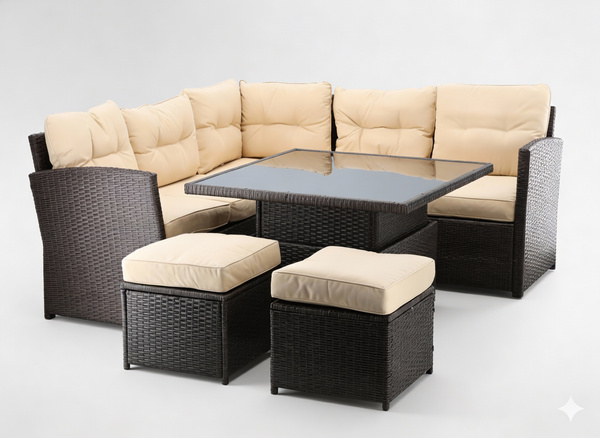 Vrtni set namještaja (kutna sofa + 2 taburea + stol) – smeđa boja sa svijetlim jastucima