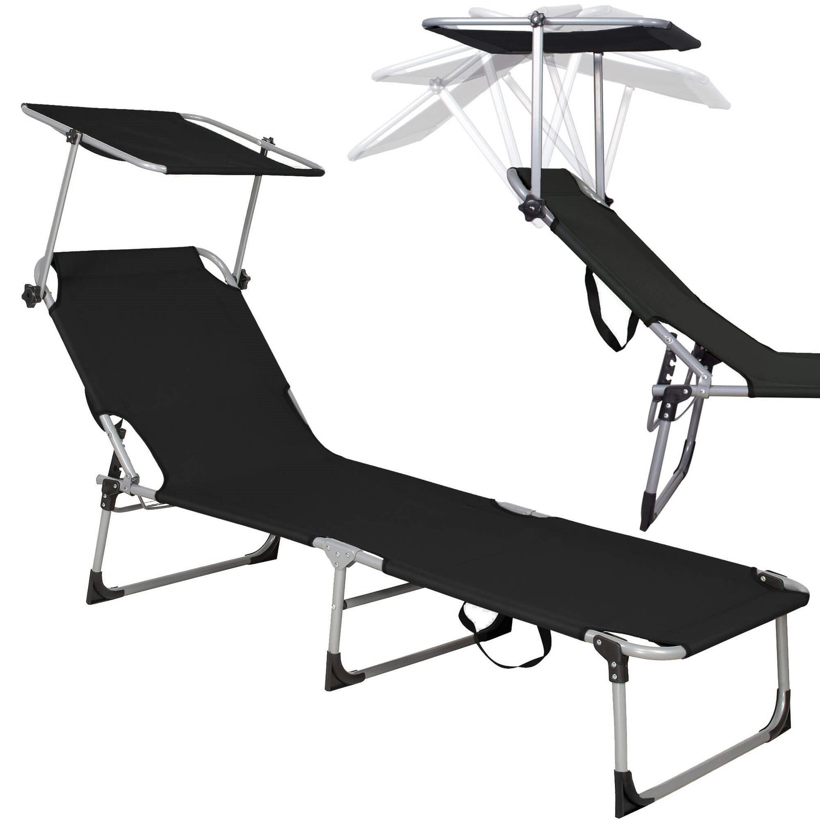 Springos sklopiva vrtna ležaljka s naslonom za glavu i baldahinom, crna