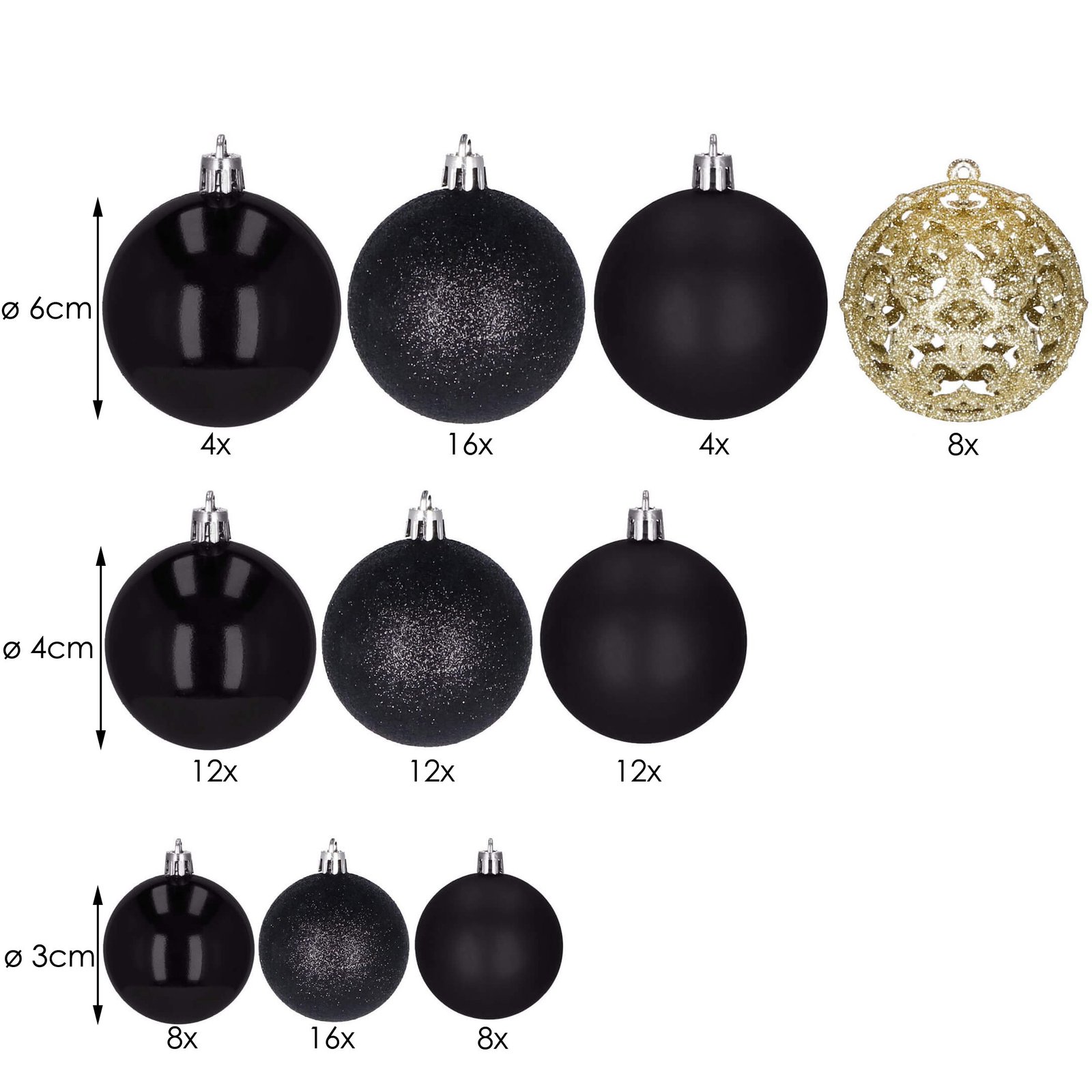 Božićne kuglice 3 / 4 / 6 cm – set 100 komada crna i zlatna