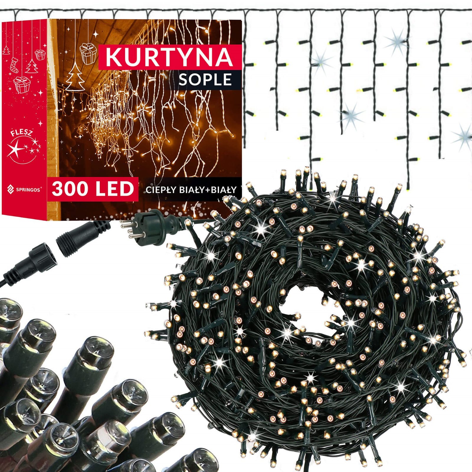 LED svjetlosna zavjesa toplo bijela + hladno bijeli bljesak 300 LED lampica