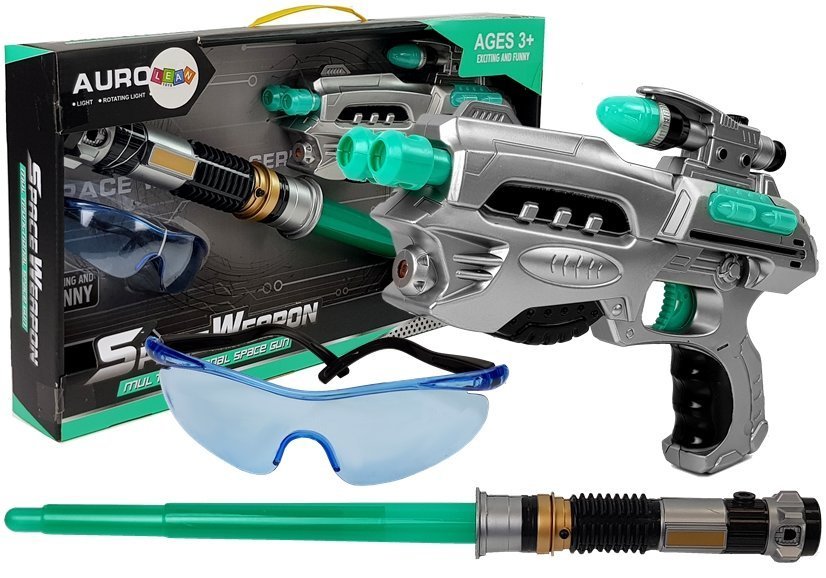Futuristički pištolj sa svjetlosnim mačem tirkizni