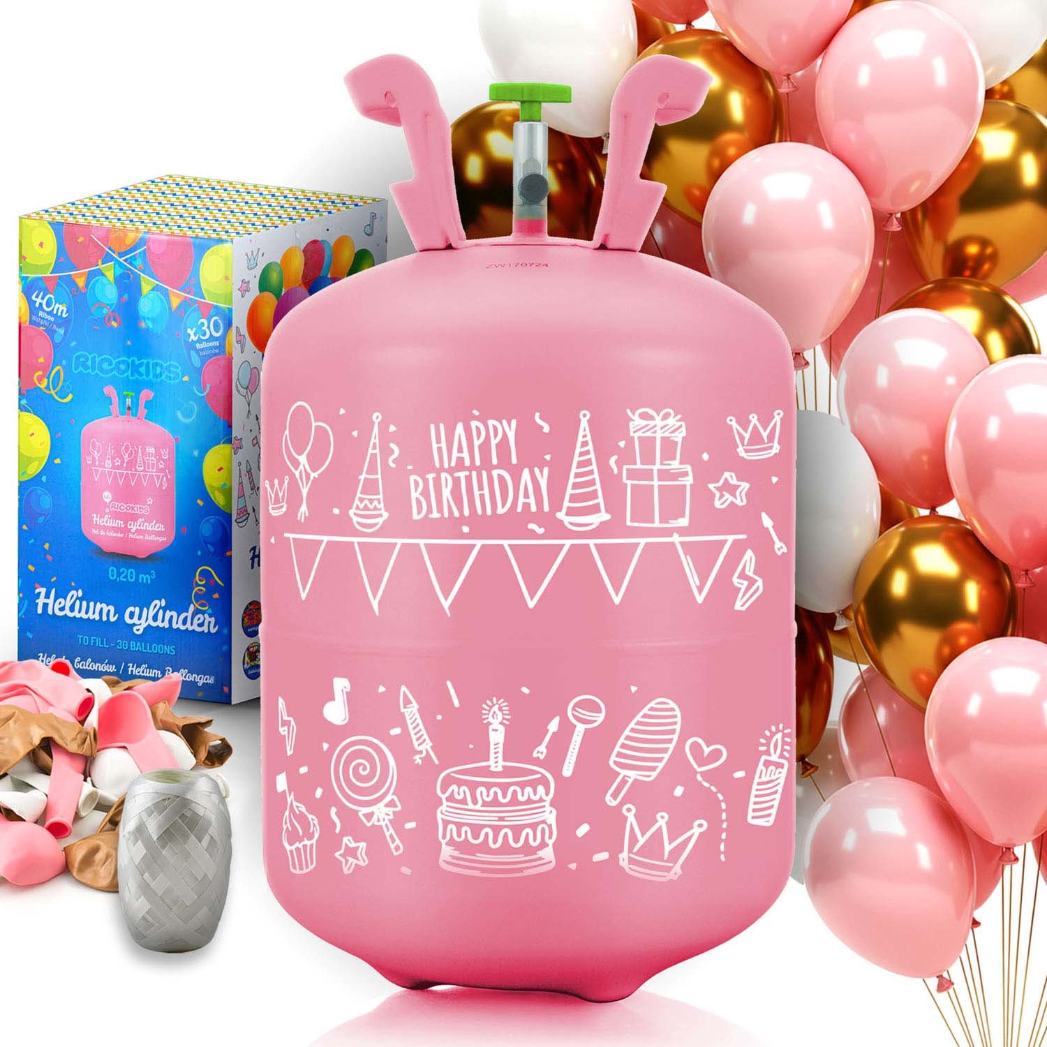 Boca s helijem 0,20 m3 sa 30 kom. bijelih, ružičastih i zlatnih balona + 40 m vrpce