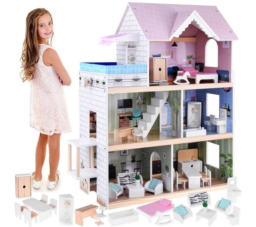 Velika drvena kućica za lutke s bazenom, dizalom i dodacima