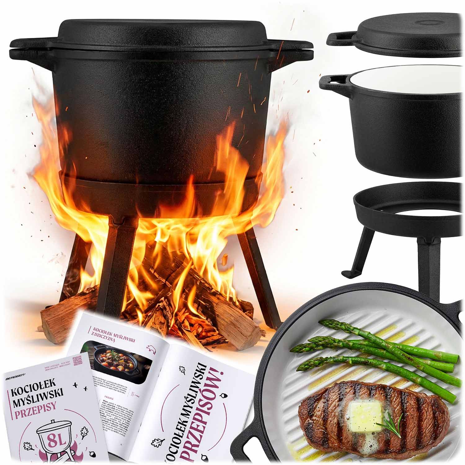 Emajlirani lonac od lijevanog željeza 8 l samostojeći s tavom za roštilj